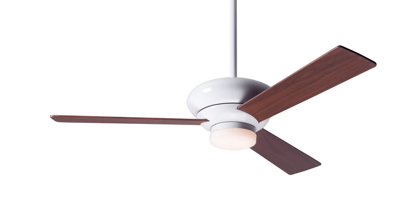 Modern Fan Company Altus LED 42-inch modern ceiling fan in gloss white with mahogany plywood blades, downrod mount and remote control