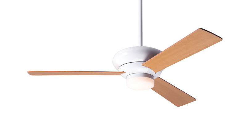 Modern Fan Company Altus LED 42-inch modern ceiling fan in gloss white with maple plywood blades, downrod mount and remote control