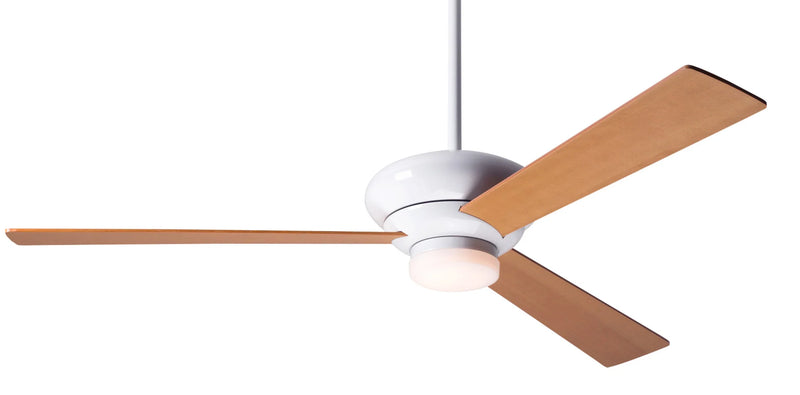 Modern Fan Company Altus LED 52-inch modern ceiling fan in gloss white with maple plywood blades, downrod mount and remote control