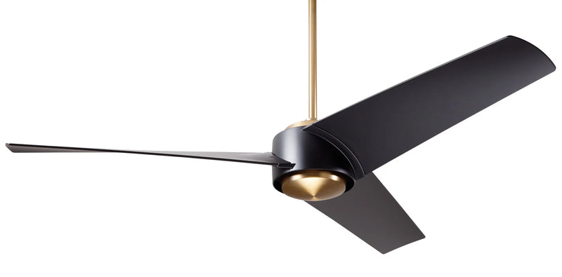 Modern Fan Company Ambit DC 56 inch satin brass modern downrod ceiling fan with ABS matte black blades and remote control