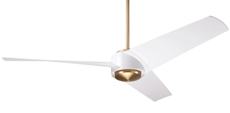 Modern Fan Company Ambit DC 56 inch satin brass modern downrod ceiling fan with ABS matte white blades and remote control