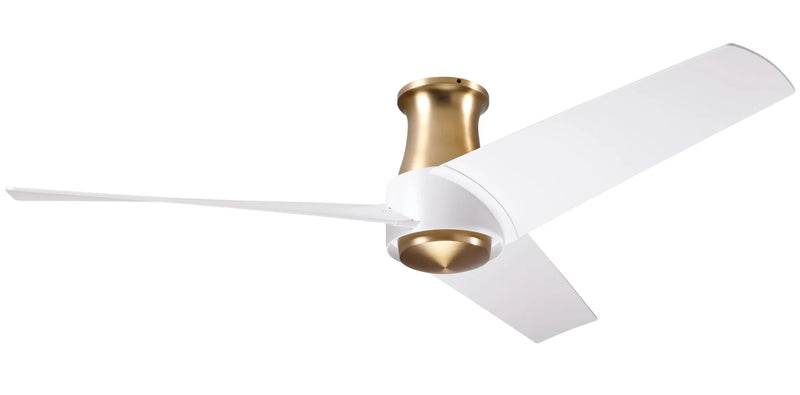 Modern Fan Company Ambit Flush DC 56 inch satin brass flush mount ceiling fan with ABS matte white blades and remote control