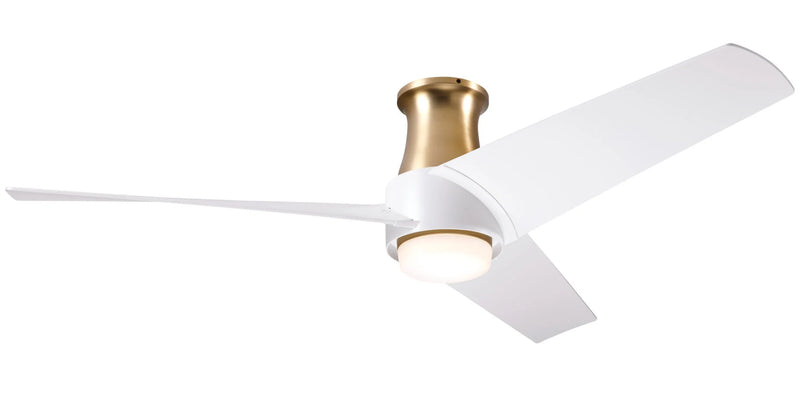 Modern Fan Company Ambit Flush DC LED 56 inch satin brass flush mount ceiling fan with ABS matte white blades and remote control