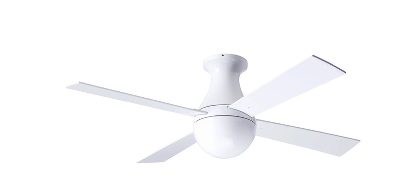 Modern Fan Company Ball 42 inch gloss white flush mount hugger ceiling fan with white wood blades and wall control
