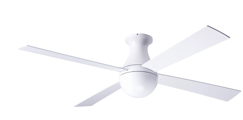 Modern Fan Company Ball 52 inch gloss white flush mount hugger ceiling fan with white wood blades and wall control