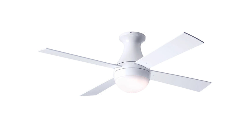 Modern Fan Company Ball LED 42 inch gloss white flush mount hugger ceiling fan with white wood blades and wall control