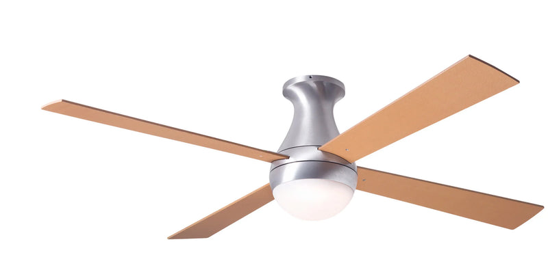 Modern Fan Company Ball LED 52 inch brushed aluminum flush mount hugger ceiling fan with maple wood blades and remote control