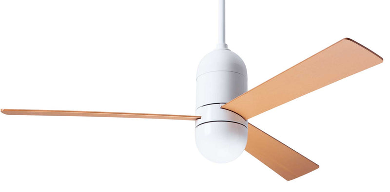 Modern Fan Company Cirrus DC 50 inch gloss white mid-century modern ceiling fan with maple finish plywood blades.