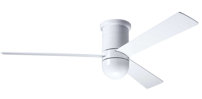 Modern Fan Company Cirrus DC 50 inch gloss white flush mount mid-century modern ceiling fan with white finish plywood blades.