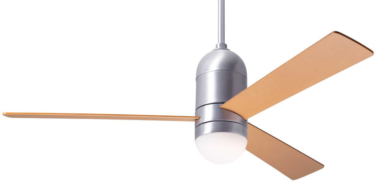 Modern Fan Company Cirrus LED DC 50 inch brushed aluminum mid-century modern ceiling fan with maple finish plywood blades and downrod.
