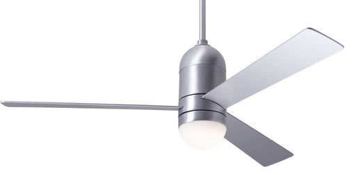 Modern Fan Company Cirrus LED DC 50 inch brushed aluminum mid-century modern ceiling fan with aluminum finish plywood blades and downrod.