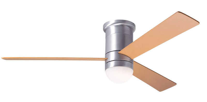 Modern Fan Company Cirrus LED DC 50 inch brushed aluminum flush mount mid-century modern ceiling fan with maple finish plywood blades.