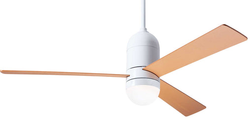 Modern Fan Company Cirrus LED DC 50 inch gloss white mid-century modern ceiling fan with maple finish plywood blades and downrod.