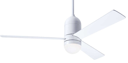 Modern Fan Company Cirrus LED DC 50 inch gloss white mid-century modern ceiling fan with white finish plywood blades and downrod.