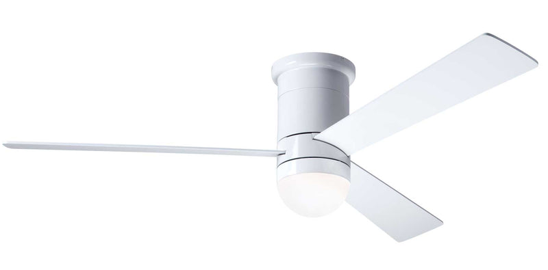 Modern Fan Company Cirrus LED DC 50 inch gloss white flush mount mid-century modern ceiling fan with white finish plywood blades.