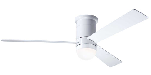 Modern Fan Company Cirrus LED DC 50 inch gloss white flush mount mid-century modern ceiling fan with white finish plywood blades.