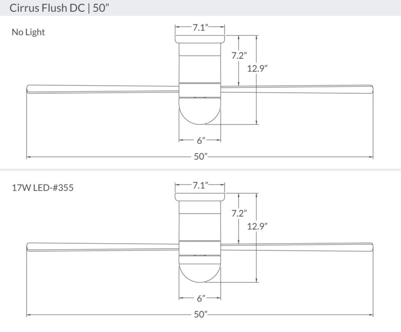 Modern Fan Company Cirrus DC 50-inch flush mount hugger modern ceiling fan dimensions diagram