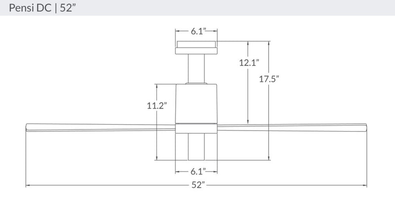 Dimension diagram of Modern Fan Company Pensi DC 52-inch ceiling fan with measurements and blade span