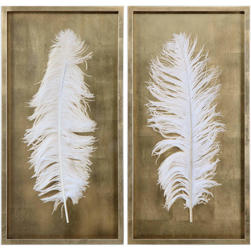 Uttermost 4057 White Feathers Gold Shadow Box Wall Art Set of 2