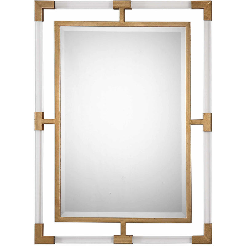 Uttermost Balkan 09124 metallic gold leaf modern rectangle bathroom vanity mirror with forged iron frame and suspended clear acrylic bars, 28 in. W x 38 in. H