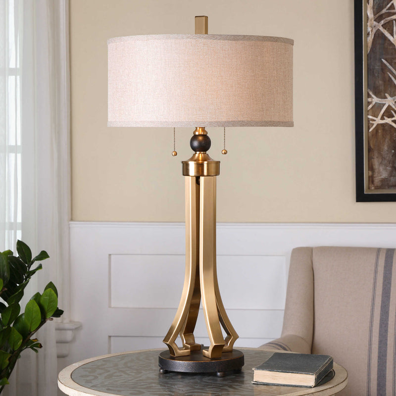 Uttermost Selvino Table Lamp | Brushed Brass Table Lamp with Rust Beige Linen Shade - ALCOVE LIGHTING