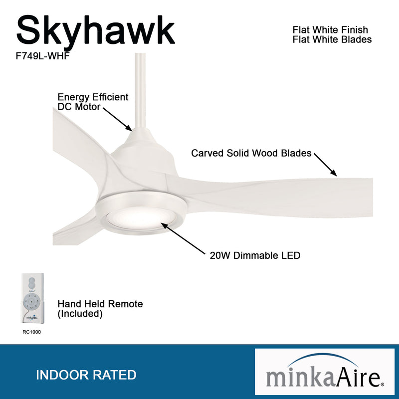 Minka Aire Skyhawk F749L-WHF 60-Inch LED Ceiling Fan in Flat White with Remote