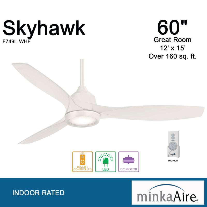 Minka Aire Skyhawk F749L-WHF 60-Inch LED Ceiling Fan in Flat White with Remote
