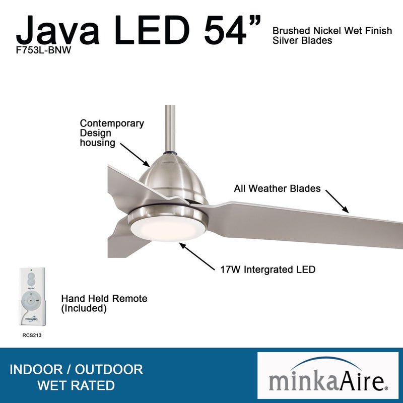 Minka Aire Java 54 in. LED Indoor/Outdoor Brushed Nickel Wet Ceiling Fan - ALCOVE LIGHTING