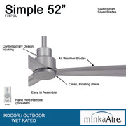Minka Aire Simple 52 in. Indoor/Outdoor Silver Ceiling Fan with Remote Control - ALCOVE LIGHTING