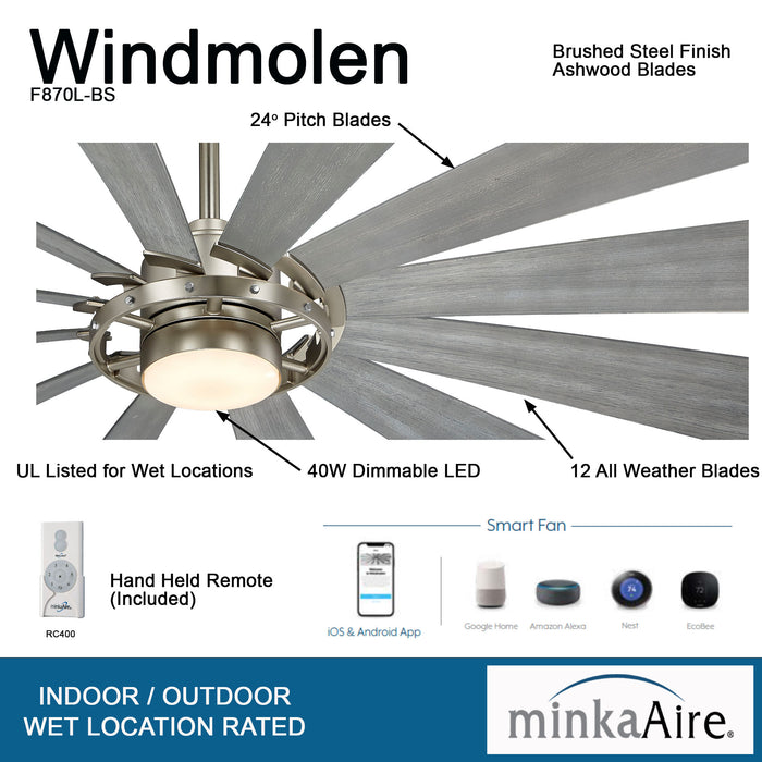 Minka Aire Windmolen 65 in. LED Indoor/Outdoor Brushed Steel Smart Ceiling Fan