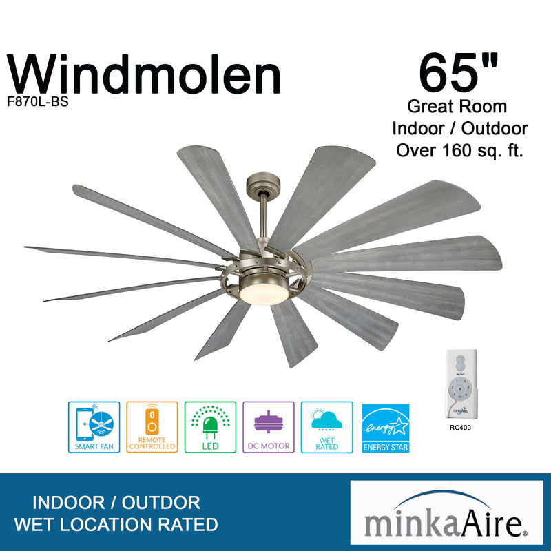 Minka Aire Windmolen 65 in. LED Indoor/Outdoor Brushed Steel Smart Ceiling Fan
