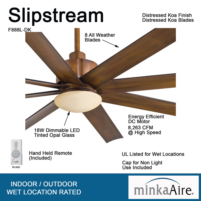 Minka Aire Slipstream F888L-DK 65-Inch LED Indoor/Outdoor Modern Ceiling Fan in Distressed Koa with Remote - ALCOVE LIGHTING