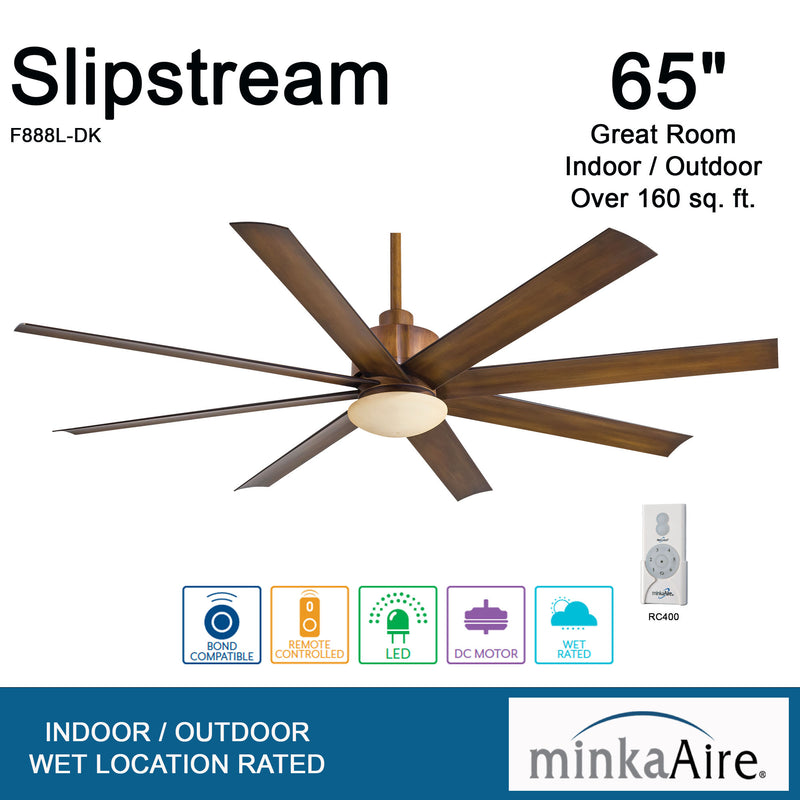 Minka Aire Slipstream F888L-DK 65-Inch LED Indoor/Outdoor Modern Ceiling Fan in Distressed Koa with Remote - ALCOVE LIGHTING