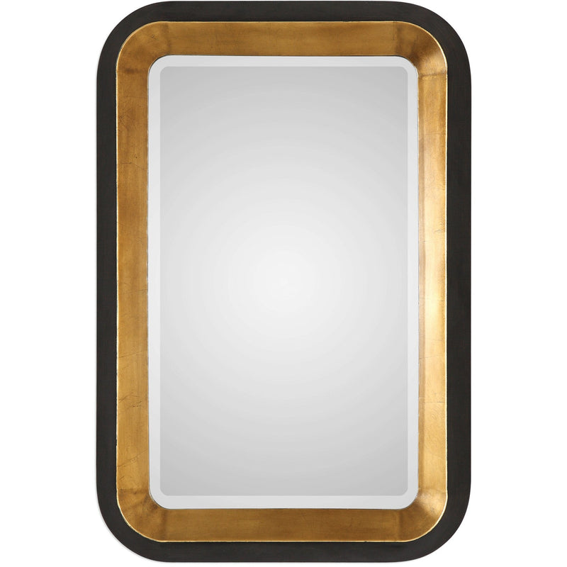 Uttermost Niva 09301 black and gold modern rectangle bathroom vanity mirror with tapered forged iron frame, 28 in. W x 42 in. H