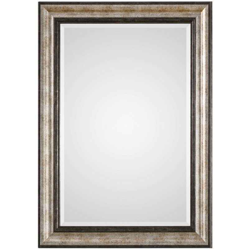 Uttermost Shefford 09366 silver and dark bronze modern rectangle bathroom vanity mirror with sloped curved frame, 31 in. W x 43 in. H