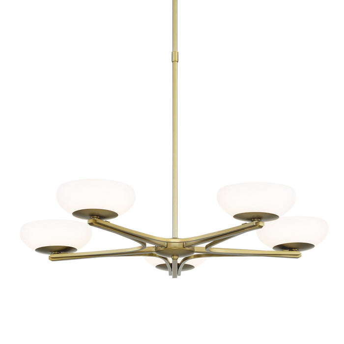 George Kovacs Scale - LED 5 Light Chandelier n Soft Brass Finish with Etched White Glass Shades (Chandelier 30 in W x 20 in H)